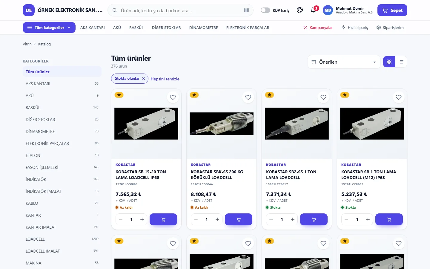 B2B bayi portalı ürün kataloğu