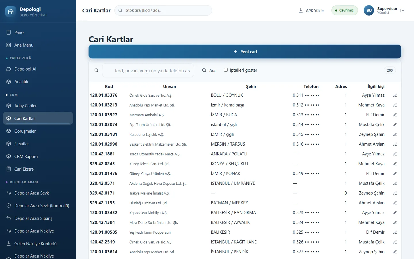 Depologi CRM cari ve görüşme geçmişi ekranı